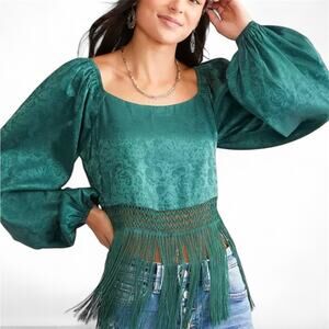 Willow & Root Satin Fringe Cropped Top Size Large Emerald Green Boho